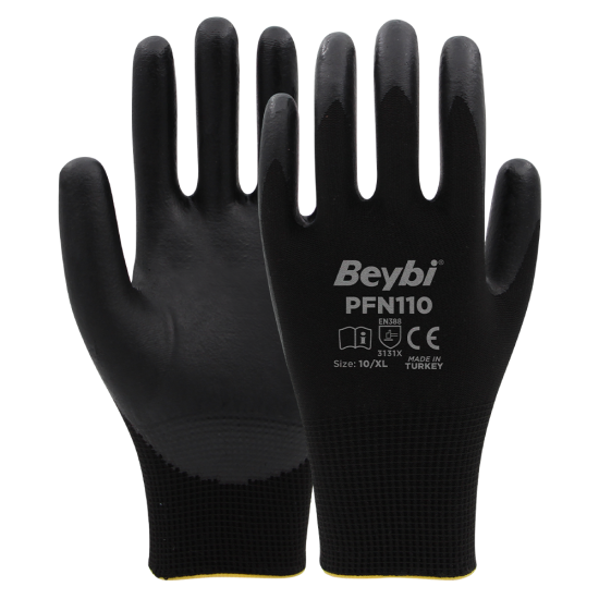 PFN110 10 Beden Siyah Polyester Örgü Üzeri ½ Köpük Nitril Kaplı Eldiven 12li Paket En388 (3131X)