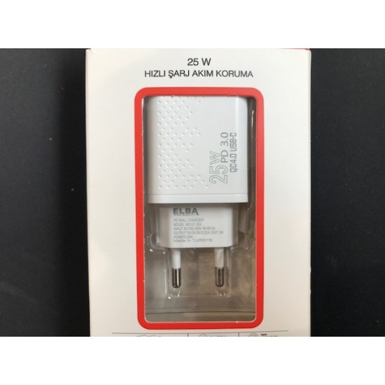 Elba ELB01-25WPD Beyaz 25W Şarj Kafa Type USB-C PD3.0-QC4.0(Akım Koruma-Hızlı Şarj-Isıya Dayanıklı)