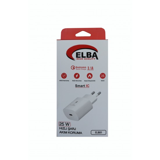 Elba ELB01-25WPD Beyaz 25W Şarj Kafa Type USB-C PD3.0-QC4.0(Akım Koruma-Hızlı Şarj-Isıya Dayanıklı)