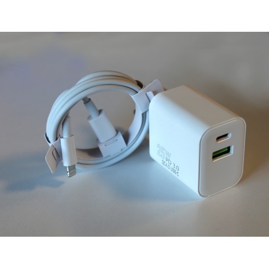 Elba ELB05-PD-25WIOS Beyaz 25W Usb-c Ev Şarj Kafa+1mt Type-c To Lightnıng Kablo PD3.0-QC4.0 Hızlı Ş