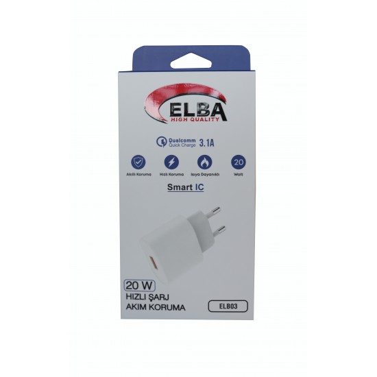 Elba ELB03-20USB Beyaz 20W USb Şarj Kafa QC4.0(Akıllı Koruma-Hızlı Şarj-Isıya Dayanıklı)