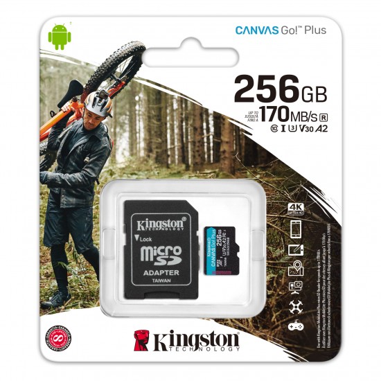 Kingston SDCG3-256GB 256GB microSDXC Canvas Go Plus 170R A2 U3 V30 Card + ADP Hafıza Kartı