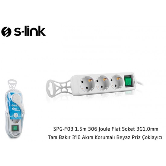 S-link SPG-F03 1.5m 306 Joule Flat Soket 3G1.0mm Tam Bakır 3 lü Akım Korumalı Priz Çoklayıcı S-link SPG-F03 1.5m 306 Joule Flat Soket 3G1.0mm Tam Bakır 3 lü Akım Korumalı Priz Çoklayıcı