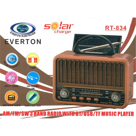 Everton Rt-834 Bluetooth Radyo-TF card-usb-Kumandalı Nostaljik Radyo Solar Güneş Panelli Everton Rt-834 Bluetooth Radyo-TF card-usb-Kumandalı Nostaljik Radyo Solar Güneş Panelli