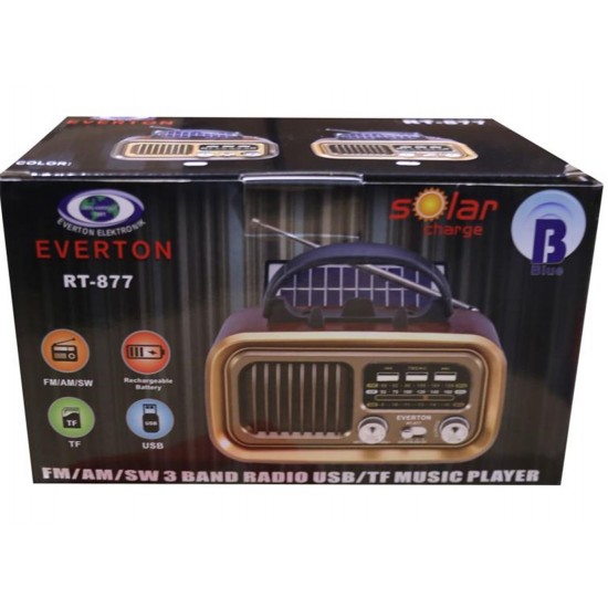 Everton Rt-877 Güneş Enerji Panelli Bluetooth Fm-Usb-Tf-Aux Şarjlı Nostaljik Radyo