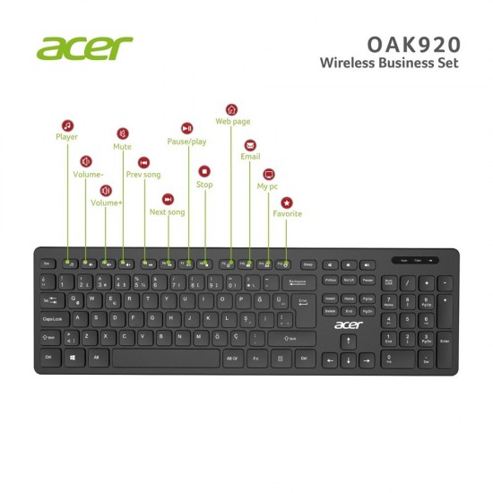 Acer OAK-920 Siyah Kablosuz Sessiz Tuşlu  2.4 Ghz Klavye Moue Set ( Mouse 1200Dpı) Caps Lock