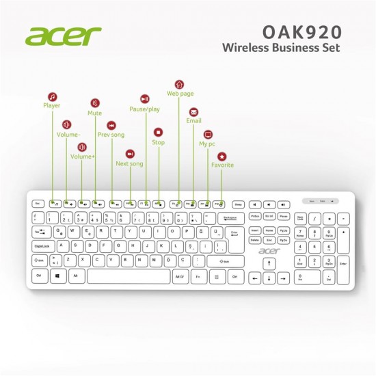 Acer OAK-920  Beyaz Kablosuz Sessiz Tuşlu  2.4Ghz Klavye Moue Set Beyaz (Mouse 1200Dpı) Caps Lock