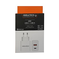 Megatech 20w Beyaz USB-C USB-A  Şarj Kafa QC:3.0-PD:3.0