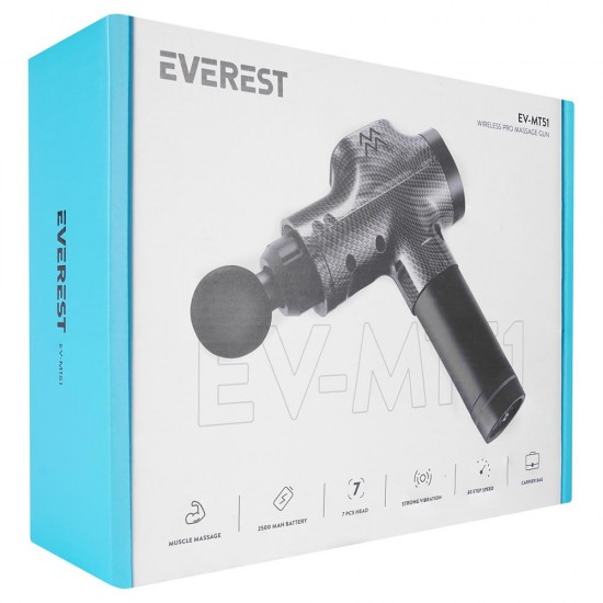 Everest EV-MT51 12V Dijital Karbon Fiber-Siyah 2500 mAh Kablosuz Profesyonel Sporcu Masaj Aleti