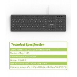Acer OAK920 Q Usb SİYAH 1.8mt  Kablolu Klavye-Tek Tuş Hesap Makinalı (Sessiz Tuş)