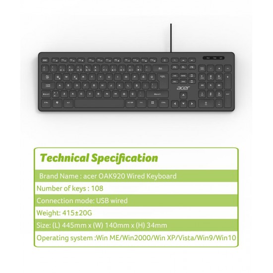 Acer OAK920 Q Usb SİYAH 1.8mt Kablolu Klavye-Tek Tuş Hesap Makinalı (Sessiz Tuş) Acer OAK920 Q Usb SİYAH 1.8mt Kablolu Klavye-Tek Tuş Hesap Makinalı (Sessiz Tuş)