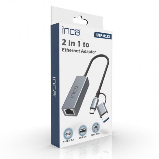 Inca IUTP-01TX Ethernet Adaptörü USB ve TYPE-Cye Bağlantı USB 3.0 ve TYPE-C 3.1 Alüminyum 1000Mbps Inca IUTP-01TX Ethernet Adaptörü USB ve TYPE-Cye Bağlantı USB 3.0 ve TYPE-C 3.1 Alüminyum 1000Mbps