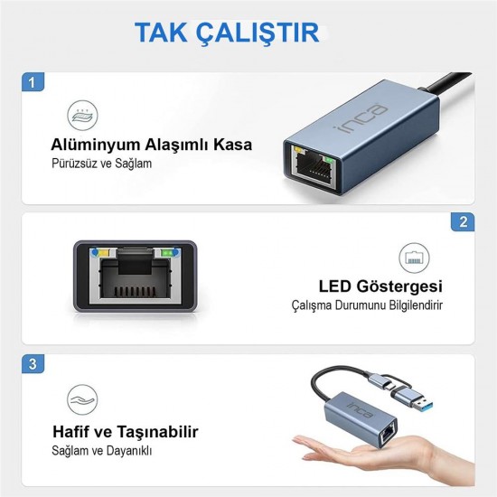 Inca IUTP-01TX Ethernet Adaptörü USB ve TYPE-Cye Bağlantı USB 3.0 ve TYPE-C 3.1 Alüminyum 1000Mbps Inca IUTP-01TX Ethernet Adaptörü USB ve TYPE-Cye Bağlantı USB 3.0 ve TYPE-C 3.1 Alüminyum 1000Mbps