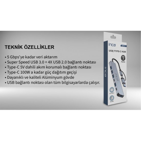 Inca IUTP-7T Usb+Type-c Girişli USB 3.0+4X USB 2.0 Type-C 5V 2X Type-C 100W Çoklayıcı Inca IUTP-7T Usb+Type-c Girişli USB 3.0+4X USB 2.0 Type-C 5V 2X Type-C 100W Çoklayıcı