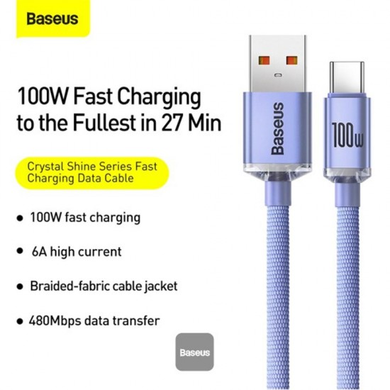 Baseus CAJY000405 1.2mt Crystal Cable USB-A to Type-C Fast Charge Data Cable 100W 5A1.2M-Purple Baseus CAJY000405 1.2mt Crystal Cable USB-A to Type-C Fast Charge Data Cable 100W 5A1.2M-Purple