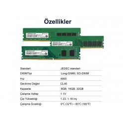 Transcend JM4800ALE-32G 32GB DDR5 4800Mhz CL40 1.1V Masaüstü Pc Ram