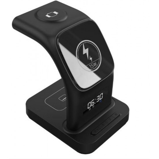S-link SW-CWF130 Siyah Telefon Kulaklık Akıllı Saat 15W 3 in 1 Magsafe Led Logo Kablosuz Şarj Cihazı
