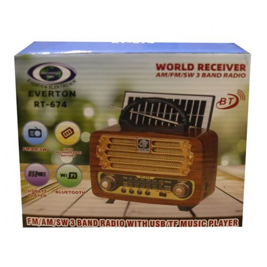 Everton RT-674  Bluetooth-USB-SD-FM Şarjlı,Solarlı  Nostaljik Radyo