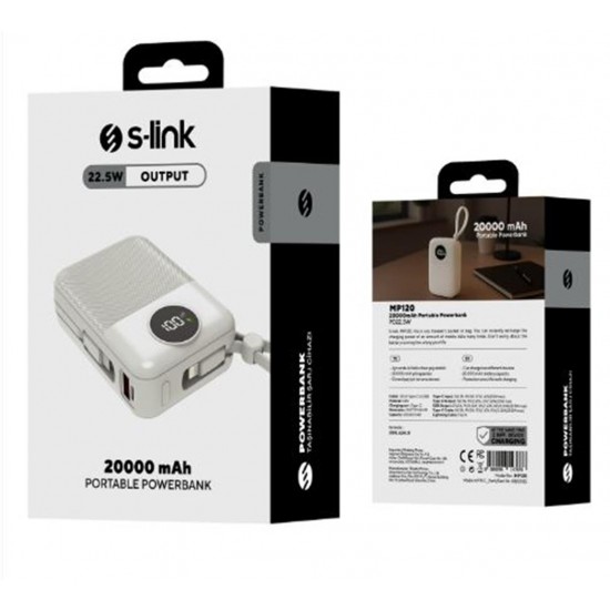 S-link MP120 20000mAh PD22.5W Type-C+Lightning Kablolu Beyaz  Pil Şarj Cihazı Powerbank