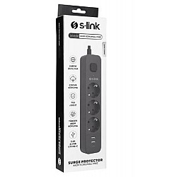 S-link SPG03U  5V2.4A 1.5m 3x1.00mm 100 yüzde  Bakır 750 Joule 3 lü Anahtarlı Akım Korumalı Siyah Priz