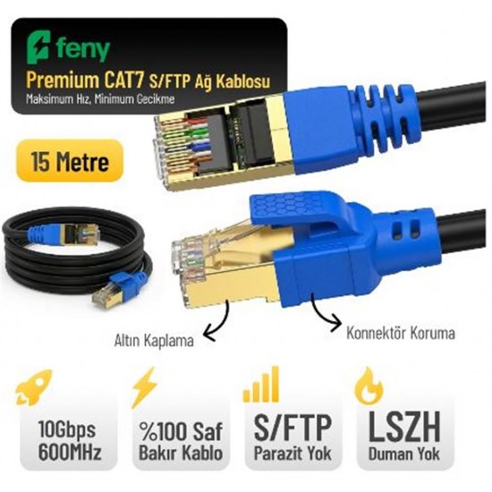 Feny FN-CAT7LS15 10GBPS İnternet 60MHZ 15 Metre CAT7 Gold Patch Kablo (Yanmaz- yüzde 100 Saf Bakır)