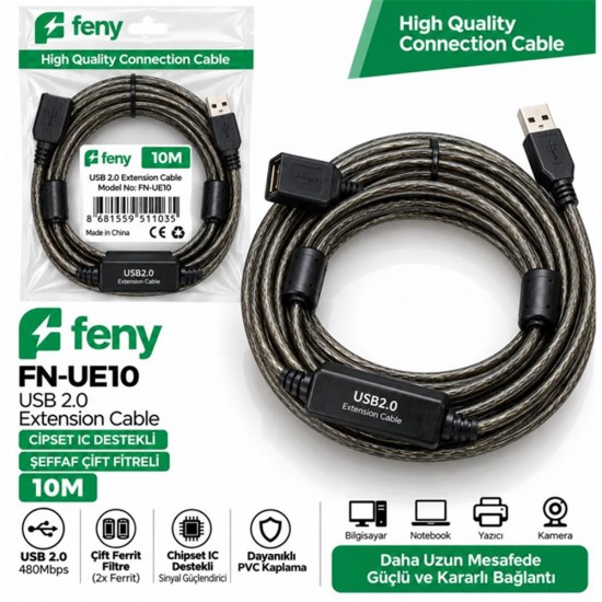 Feny FN-UE10 10mt Usb Uzatma Kablo 2.0 Extension Cipsed Destekli Çift Filtreli