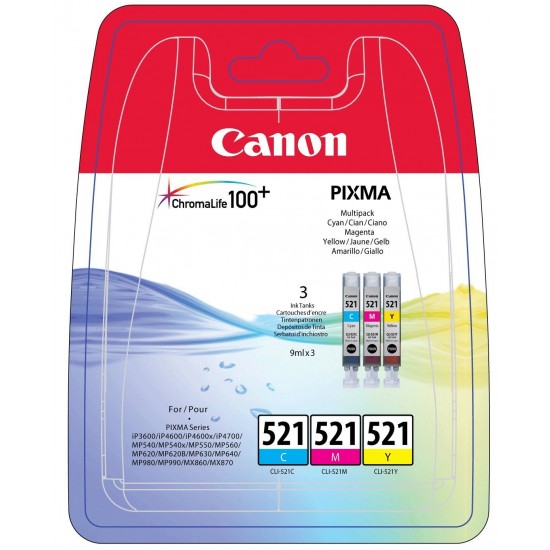 Canon CLI-521 Cyan-Magenta-Yellow Mavi-Kırmızı-Sarı 3'lü Multipack Mürekkep Kartuş