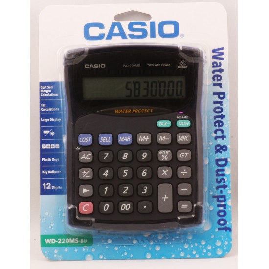 Casio WD-220MS-BU 12 Hane Suya-Toza Dayanıklı Masa Üstü Hesap Makinesi