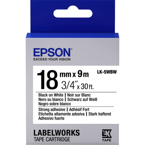 Epson LK-5WBW Güçlü Yapışkanlı Beyaz Üzeri Siyah 18mm 9Metre Etiket Epson LK-5WBW Güçlü Yapışkanlı Beyaz Üzeri Siyah 18mm 9Metre Etiket