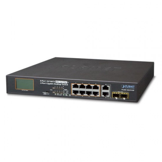 Planet PL-FGSD-1022VHP Yönetilemeyen Masaüstü Tip Switch (Unmanaged Desktop Switch)
8-Port 10/100TX 802.3at/af PoE+ Injector Port (Port başına 30.8 watt) (PoE Güç Bütçesi maks. 120 Watt)
2-Port 10/100/1000BASE-T ve 1000BASE-X SFP/mini-GBIC yuva (paylaşıml