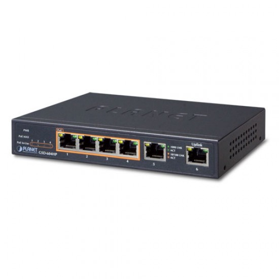 Planet PL-GSD-604HP Yönetilemeyen Masaüstü Tip Switch (Unmanaged Desktop Switch)
4-port 10/100/1000T IEEE 802.3at/af PoE+ injector (Port başına 30 watt) (PoE Güç Bütçesi maks. 55 Watt) 
2-port 10/100/1000T