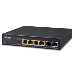 Planet PL-FSD-604HP Yönetilemeyen Masaüstü Tip Switch (Unmanaged Desktop Switch) 
4-Port 10/100TX IEEE 802.3at/af PoE+ Injector (Port başına 30.8 watt) (PoE Güç Bütçesi maks. 60 Watt)
 2-Port 10/100TX
