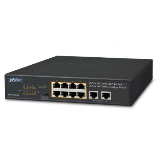 Planet PL-FSD-1008HP Yönetilemeyen Masaüstü Tip Switch (Unmanaged Desktop Switch) 
8-Port 10/100TX IEEE 802.3at/af PoE+ Injector (Port başına 30.8 watt) (Port-1 ile Port-8 arası)
(PoE Güç Bütçesi maks. 120 Watt)
2-Port 10/100TX Planet PL-FSD-1008HP Yönetilemeyen Masaüstü Tip Switch (Unmanaged Desktop Switch) 
8-Port 10/100TX IEEE 802.3at/af PoE+ Injector (Port başına 30.8 watt) (Port-1 ile Port-8 arası)
(PoE Güç Bütçesi maks. 120 Watt)
2-Port 10/100TX