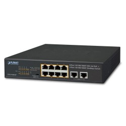 Planet PL-GSD-1008HP Yönetilemeyen Masaüstü Tip Switch (Unmanaged Desktop Switch)
8-Port 10/100/1000T IEEE 802.3 at/af PoE+ Injector (Port başına 30.8 watt) (PoE Güç Bütçesi maks. 120 Watt)
2-Port 10/100/1000T