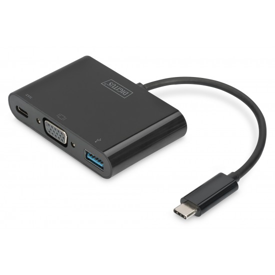 Digitus DA-70854 Digitus USB 3.1 (Gen. 1) (USB Tip C) <-> VGA Grafik Adaptörü
Giriş: 1 x USB Tip C erkek (bilgisayar bağlantısı için)
Çıkış:
1 x Şarj özellikli USB Tip C (PD 2.0) dişi (60W)
1 x USB 3.0 USB-A dişi (mobil cihazları şarj etmek için Bat