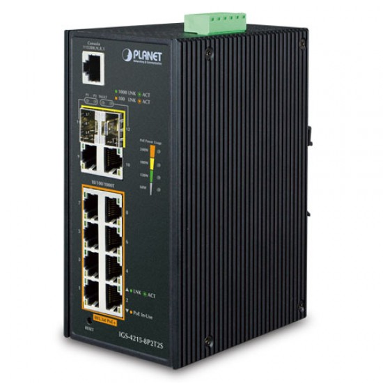 Planet PL-IGS-4215-8P2T2S Endüstriyel Tip Yönetilebilir Ethernet Switch (Industrial Managed Ethernet Switch)
8-Port 10/100/1000Base-TX 802.3at/af PoE+ Injector (Port başına 30.8 watt) (PoE Güç Bütçesi maks. 240 watt) (Port-1 ve Port-8 arası)
2-Port 10/100 Planet PL-IGS-4215-8P2T2S Endüstriyel Tip Yönetilebilir Ethernet Switch (Industrial Managed Ethernet Switch)
8-Port 10/100/1000Base-TX 802.3at/af PoE+ Injector (Port başına 30.8 watt) (PoE Güç Bütçesi maks. 240 watt) (Port-1 ve Port-8 arası)
2-Port 10/100