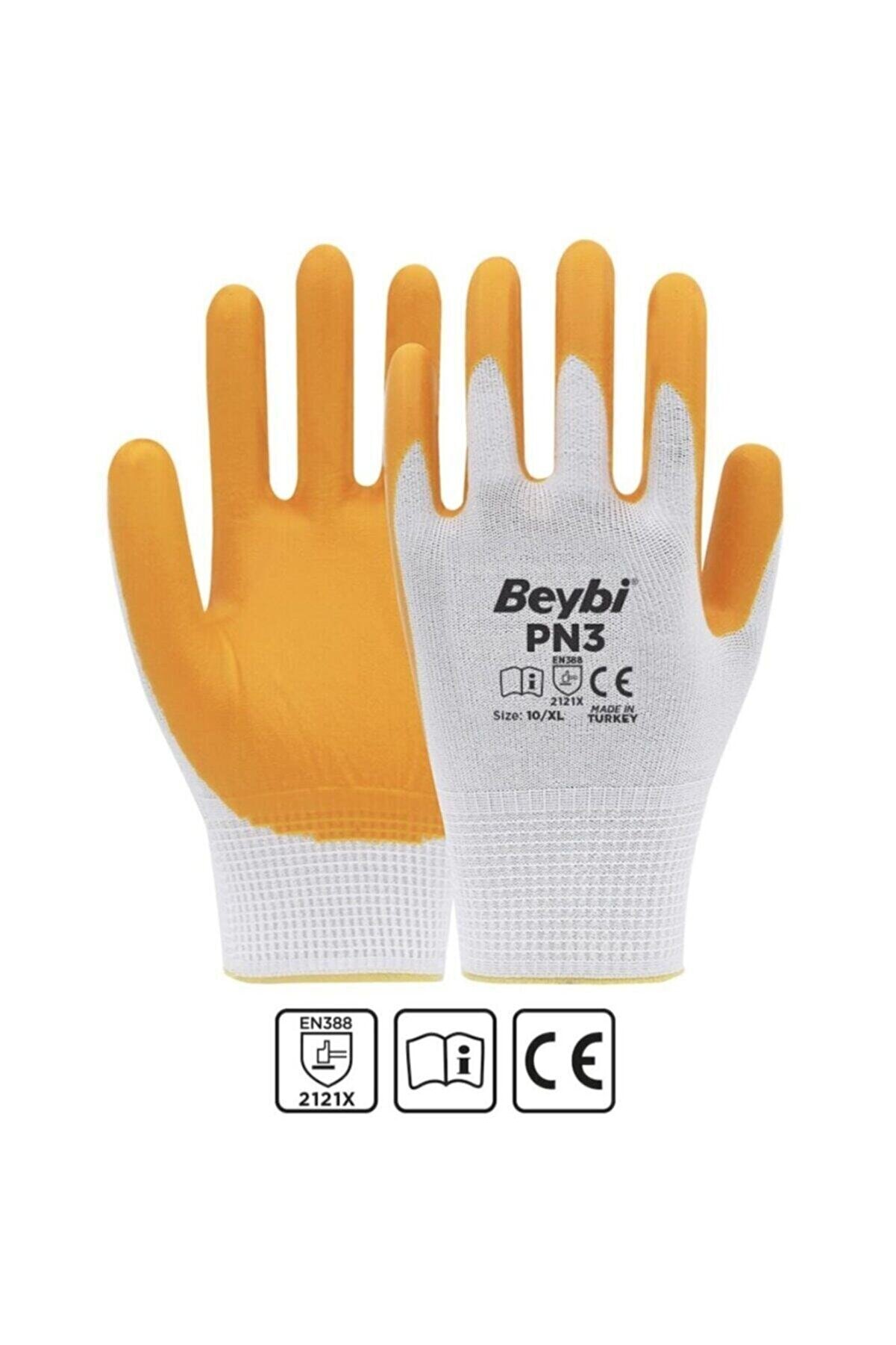 Beybi PN3 Beyaz Sarı 9 Beden Polyester Örme Nitril Eldiven 12li Paket EN388 (2121X)