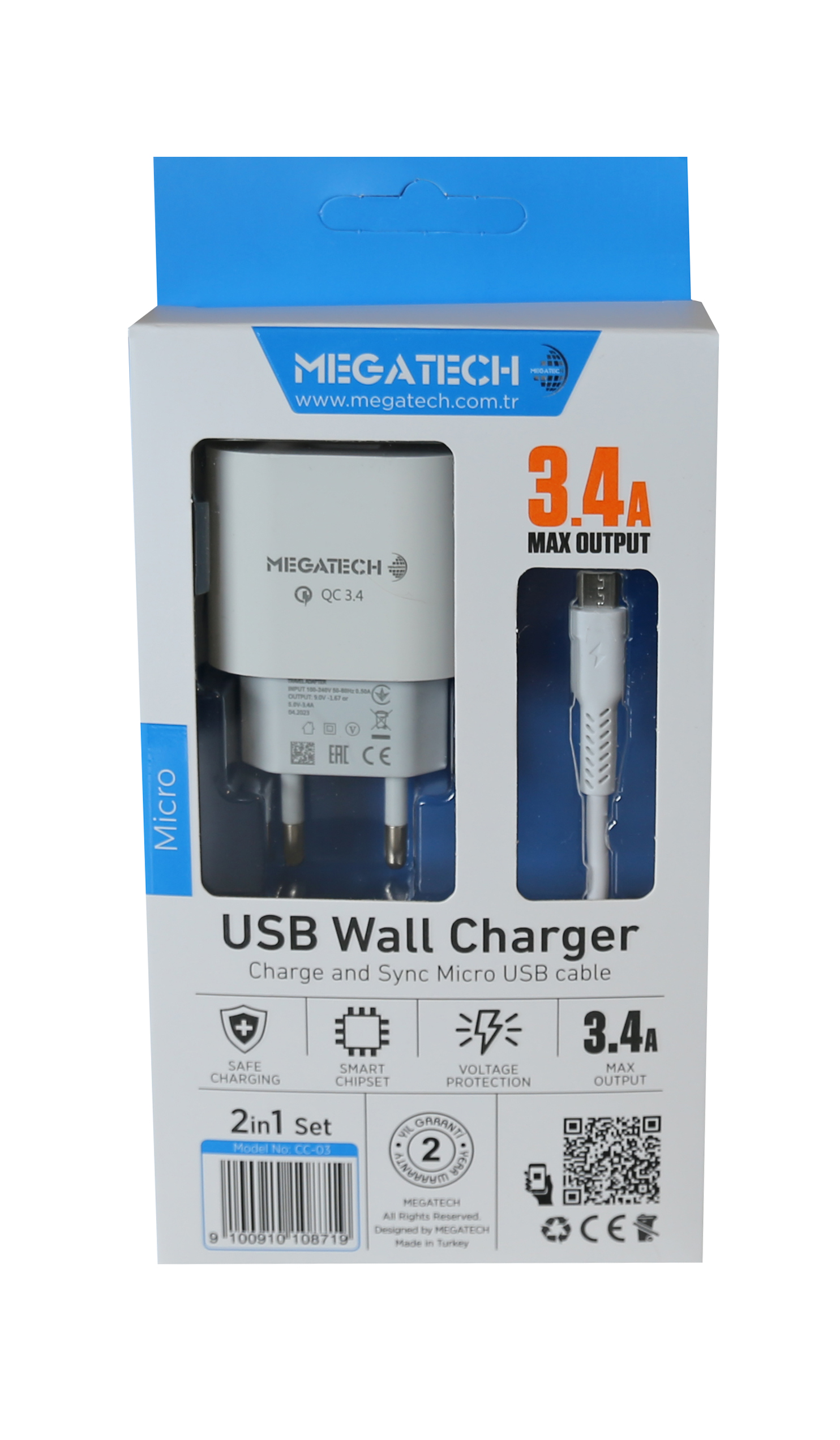 Megatech MT-CM34  3.4A Micro Usb Kablo+ Ev Şarj Adaptörü Hızlı Şarj