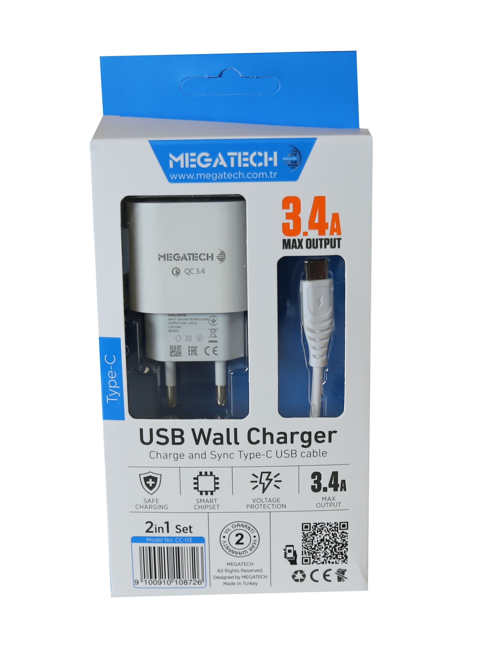 Megatech CC-03 (MT-Ct34 )3.4A Type-C Usb Kablo+ Ev Şarj Adaptör Hızlı Şarj