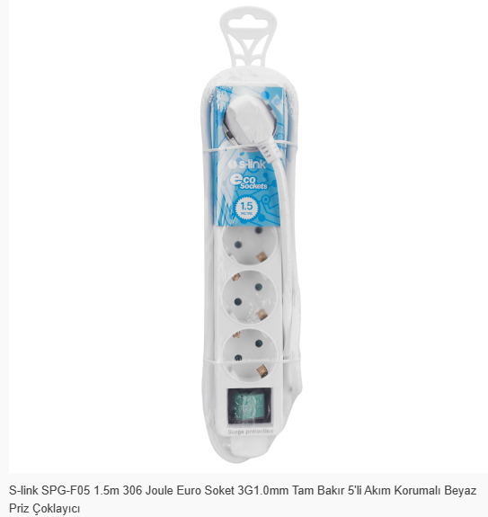 S-link SPG-F05 1.5m 306 Joule Euro Soket 3G1.0mm Tam Bakır 5li Akım Korumalı Beyaz Priz Çoklayıcı