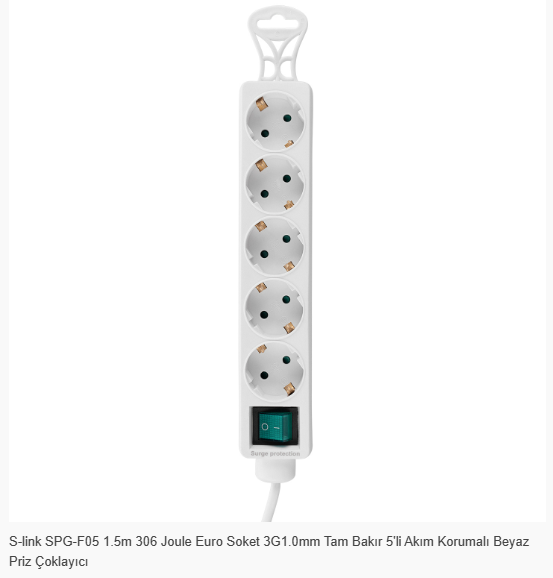 S-link SPG-F05 1.5m 306 Joule Euro Soket 3G1.0mm Tam Bakır 5li Akım Korumalı Beyaz Priz Çoklayıcı