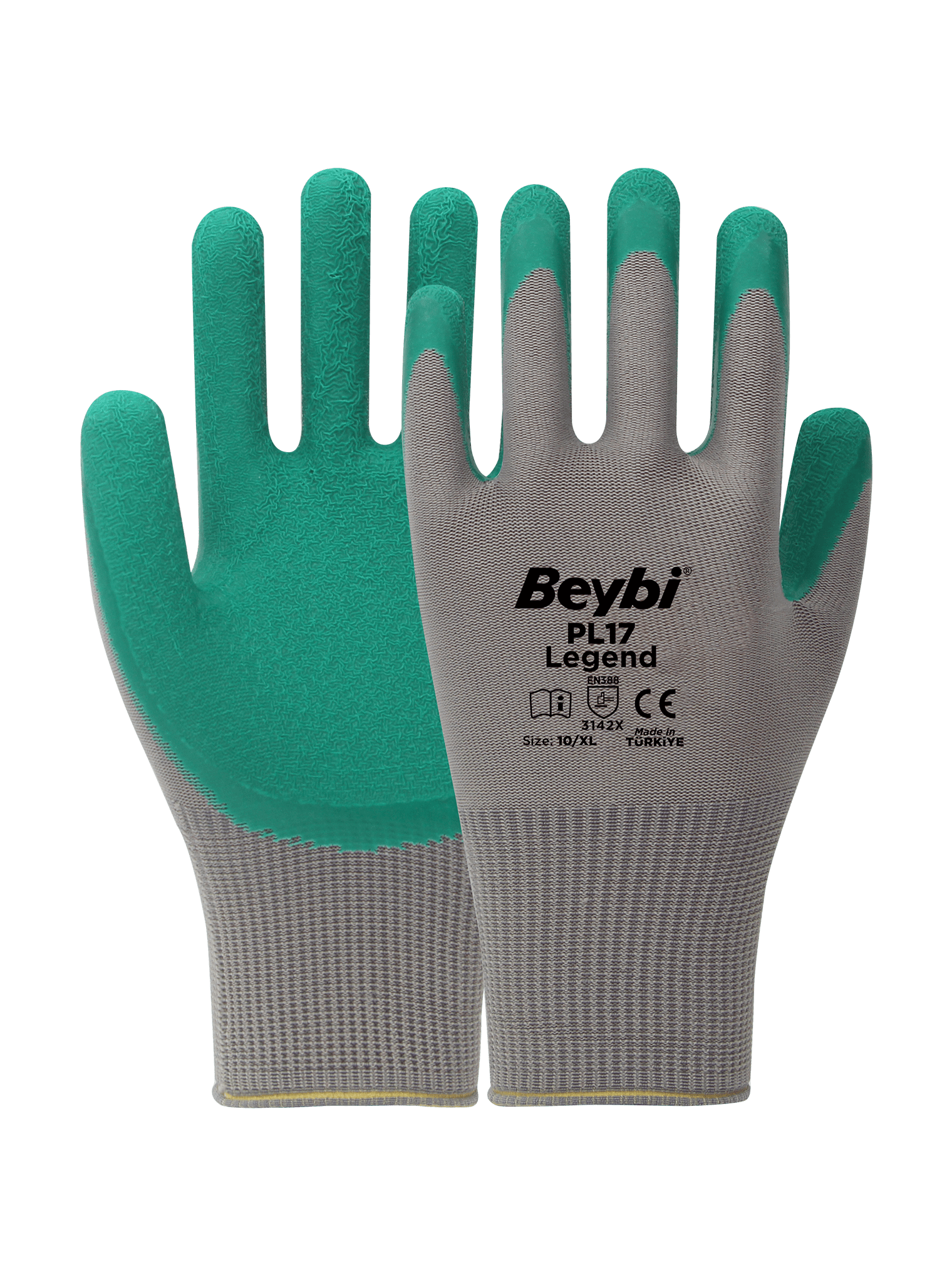 BEYBİ PL17 9 Beden Gri-Yeşil 12li Paket Legend Polyester Örme Lateks Eldiven