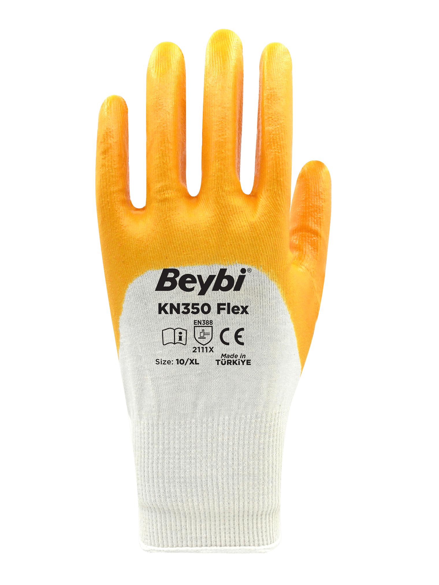 Beybi Pamuk Nitril PMK KN350 Flex 9 Beden Eldiven 12li Paket Beyaz Sarı EN388 (2111X)