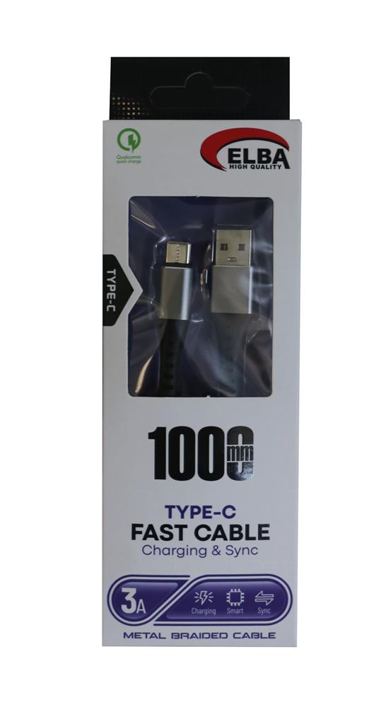 Elba Elb34-Usb Type-c 1mt 3A Hızlı Şarj Hasırlı Siyah Kablo