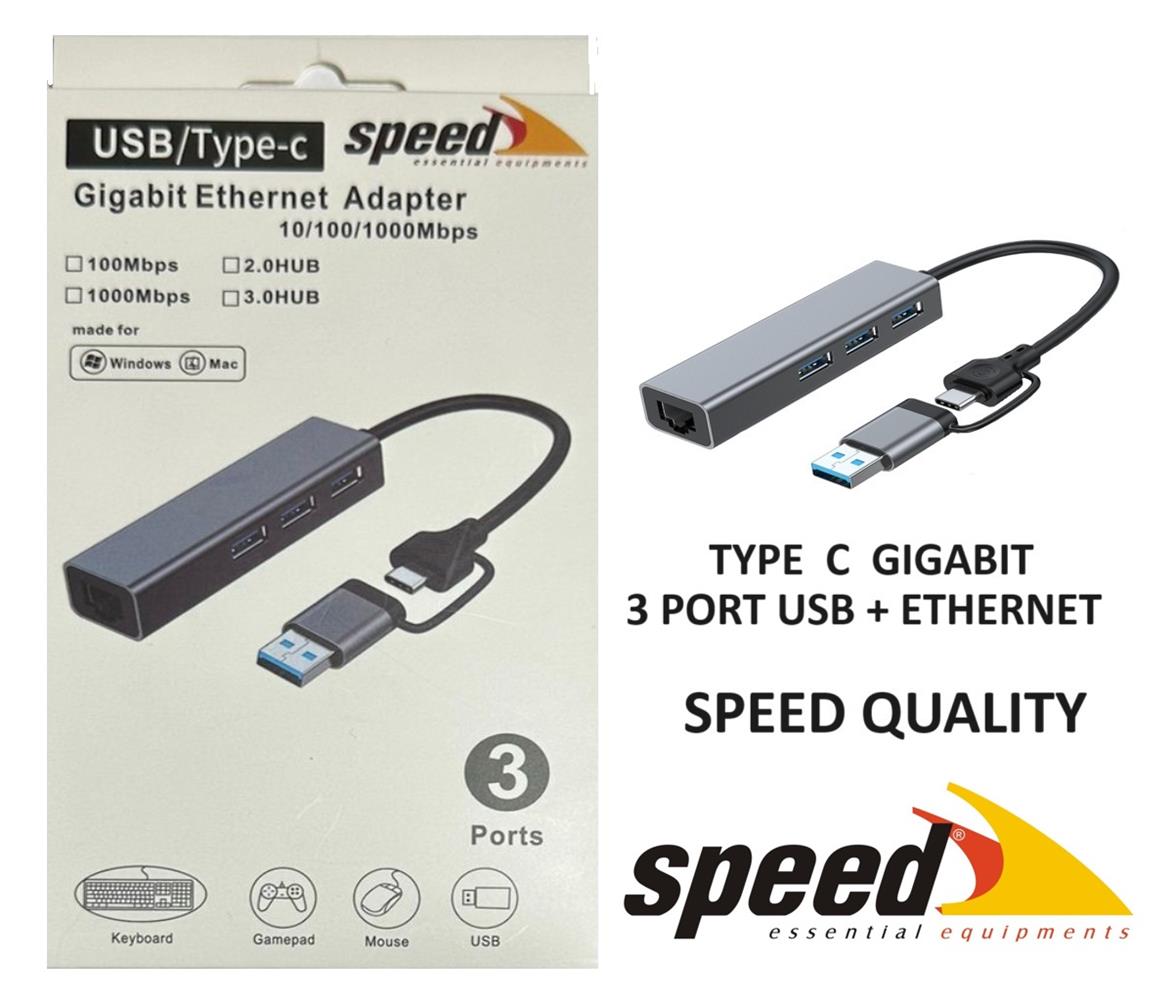 Speed UET01 10-100-1000 USB - Type c 3 Port USB 3.0 Çoklayıcı Gigabit Ethernet Çevirici Speed UET01 10-100-1000 USB - Type c 3 Port USB 3.0 Çoklayıcı Gigabit Ethernet Çevirici