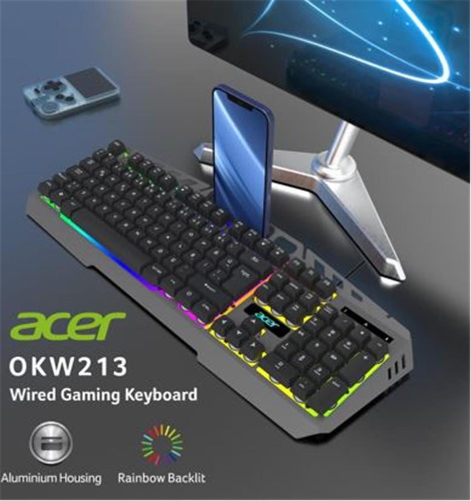 Acer OKW213 Gri RGB Rainbow Backlit Gaming Keyboard Rainbow (Kablo Uzunluğu 1,5mt)