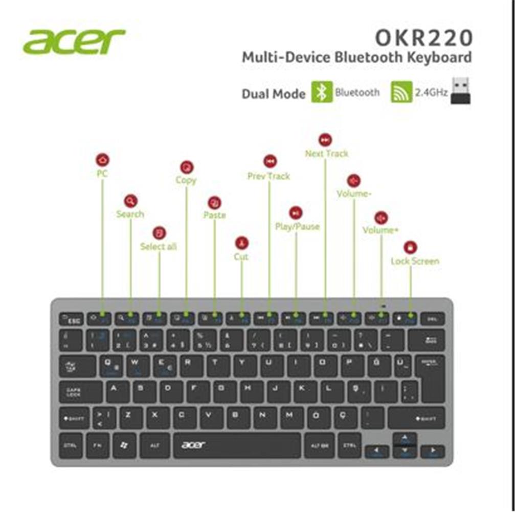 Acer OKR220 Siyah MultiDevice Dual Mode 2.4GHZ Bluetooth Klavye (Smart Tv)(Android)