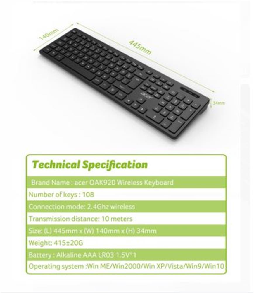 Acer OAK920 Q Usb SİYAH 1.8mt  Kablolu Klavye-Tek Tuş Hesap Makinalı (Sessiz Tuş)