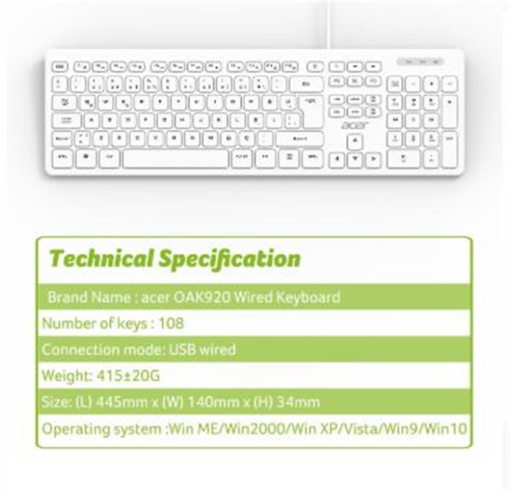 Acer OAK920 Q Usb Beyaz 1.8mt Kablolu Klavye-Tek Tuş Hesap Makinalı (Sessiz Tuş)