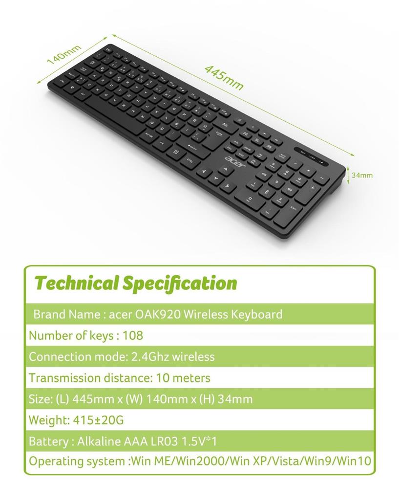 Acer OAK-920 Siyah Kablosuz Klavye 2.4Ghz Caps Lock (Smart Tv- Wifi)